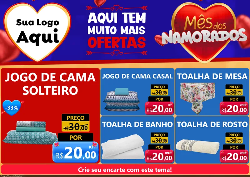 Modelo de Encarte para Encarte A4 Horizontal com o tema Mês dos Namorados para Cama, Mesa e Banho