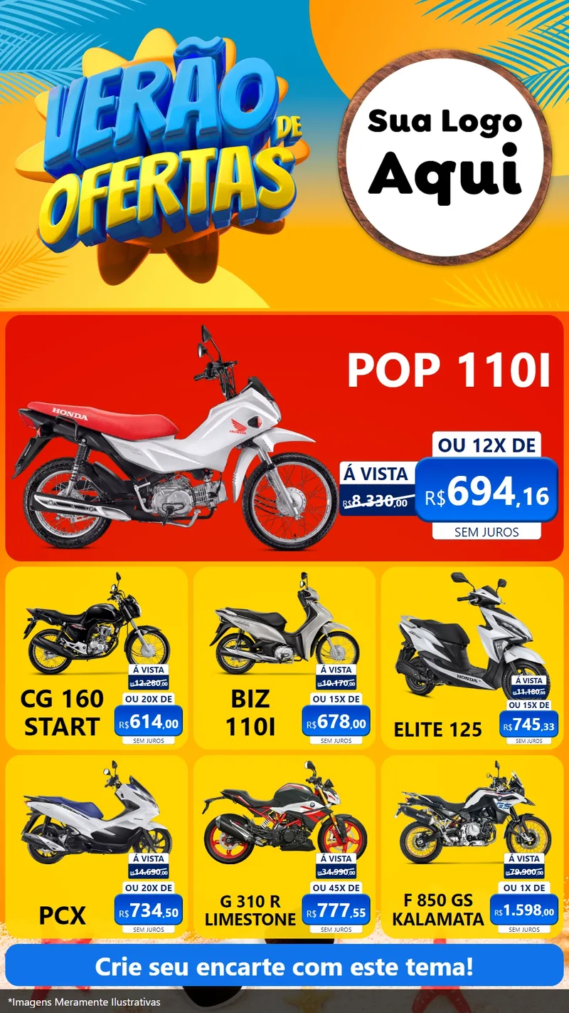 Modelo de Rede Social para Stories com o tema Verão de Ofertas para Concessionaria de Motos