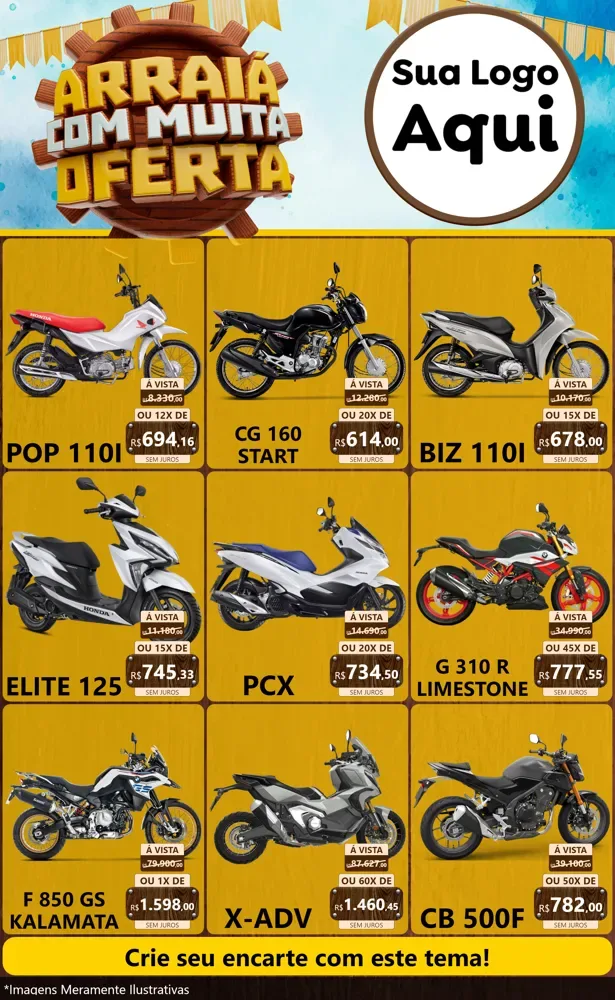 Modelo de Encarte para Encarte Grande com o tema Ofertas de São João - Junina para Concessionaria de Motos