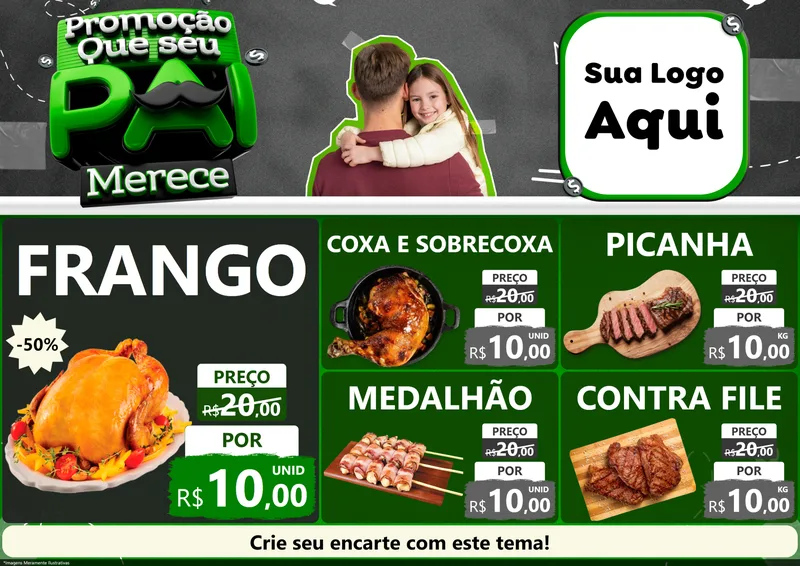 Modelo de Encarte para Encarte A4 Horizontal com o tema Promoção Que seu Pai Merece para Assados