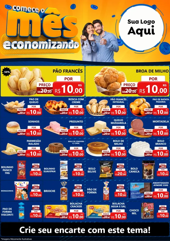 Modelo de Encarte para Encarte A4 Vertical com o tema Comece O Mês Economizando para Padaria