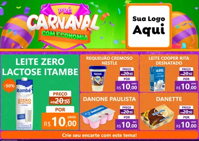 Modelo de Encarte para Encarte A4 Horizontal com o tema Pré-Carnaval Com Economia para Frios e Laticínios