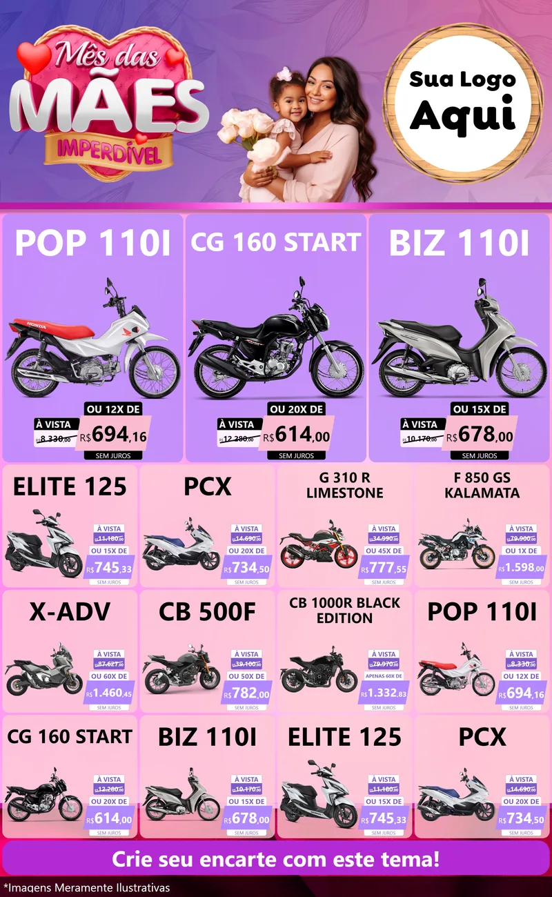 Modelo de Encarte para Encarte Grande com o tema Mês das Mães Imperdível para Concessionaria de Motos