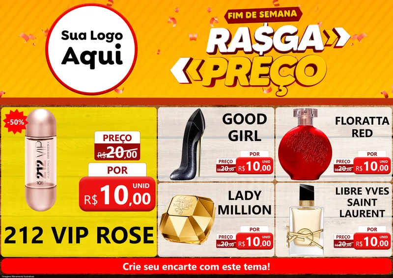 Modelo de Encarte para Encarte A4 Horizontal com o tema Fim de Semana Rasga Preços para Perfumes