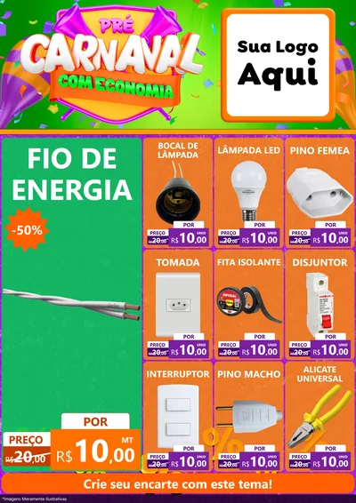 Modelo de Encarte para Encarte A4 Vertical com o tema Pré-Carnaval Com Economia para Materiais Elétricos