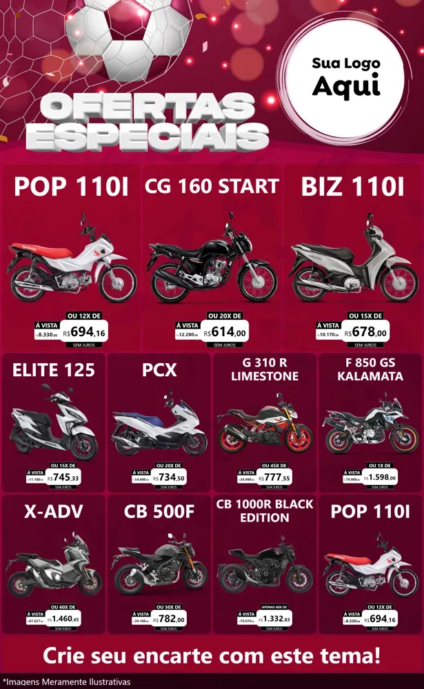 Modelo de Encarte para Encarte Grande com o tema Ofertas Especiais - Futebol para Concessionaria de Motos