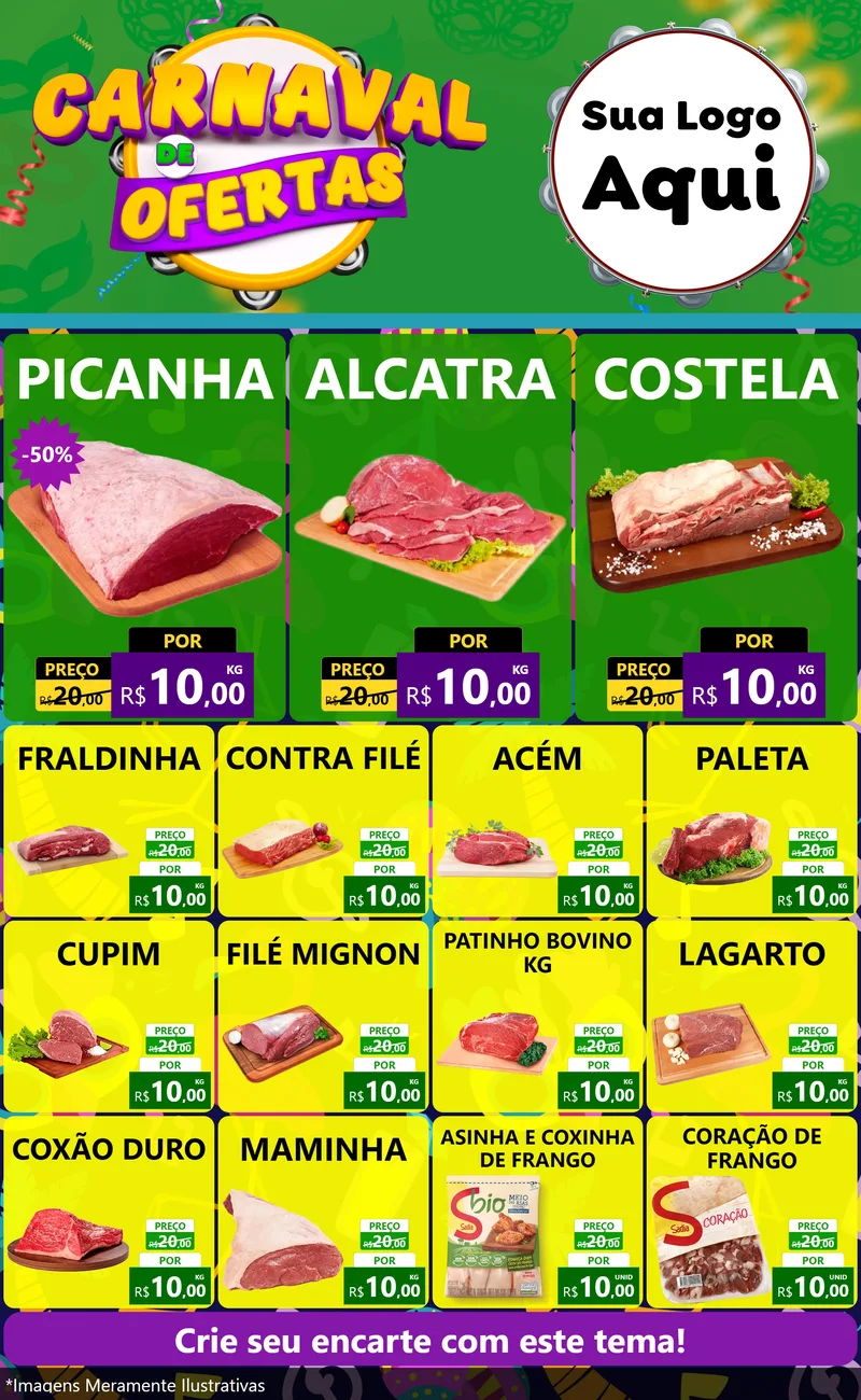 Modelo de Encarte para Encarte Grande com o tema Carnaval de Ofertas para Açougue