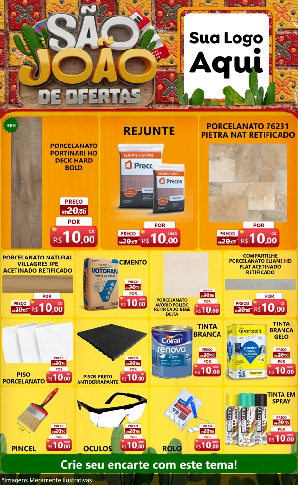 Modelo de Encarte para Encarte Grande com o tema São João de Muitas Ofertas - Junina para Pisos e revestimentos