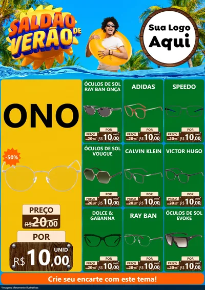 Modelo de Encarte para Encarte A4 Vertical com o tema Saldão de Verão para Óticas