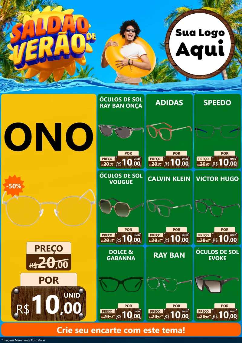 Modelo de Encarte para Encarte A4 Vertical com o tema Saldão de Verão para Óticas