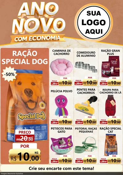 Modelo de Encarte para Encarte A4 Vertical com o tema Ano Novo Com Economia para Pet Shop