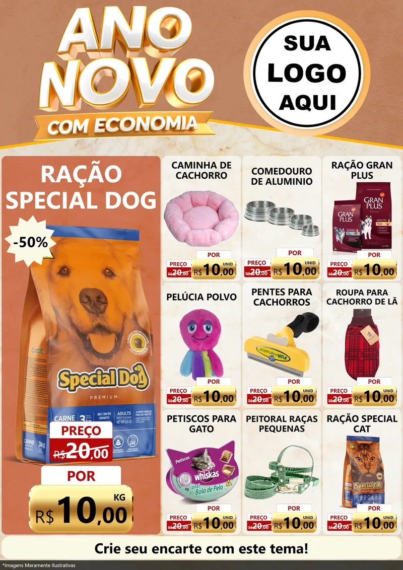 Modelo de Encarte para Encarte A4 Vertical com o tema Ano Novo Com Economia para Pet Shop