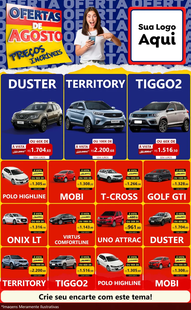 Modelo de Encarte para Encarte Grande com o tema Ofertas de Agosto - Preços Incríveis para Concessionaria de Carros