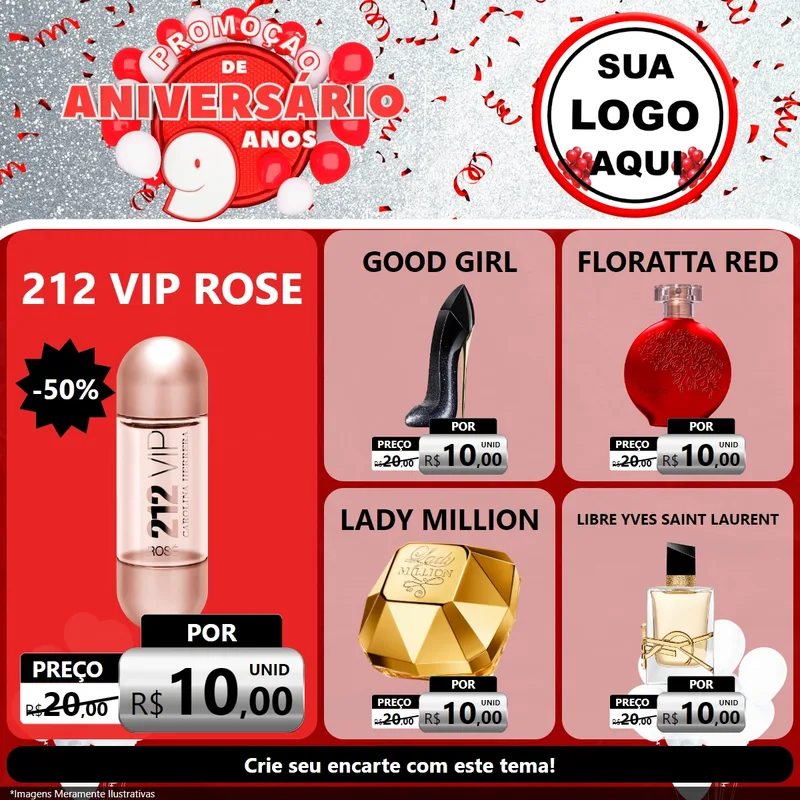 Modelo de Rede Social para Feed Facebook com o tema Promoção de Aniversário - 9 Anos para Perfumes