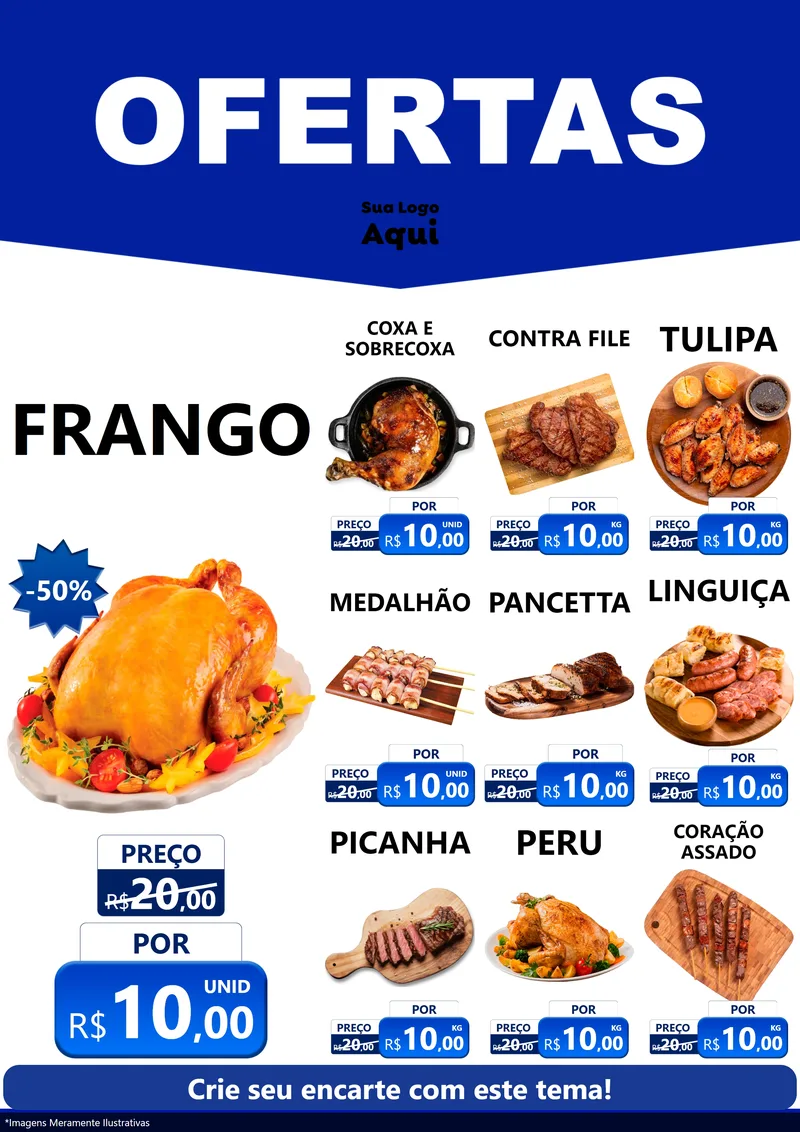 Modelo de Encarte para Encarte A4 Vertical com o tema Ofertas Azul Cartaz para Assados