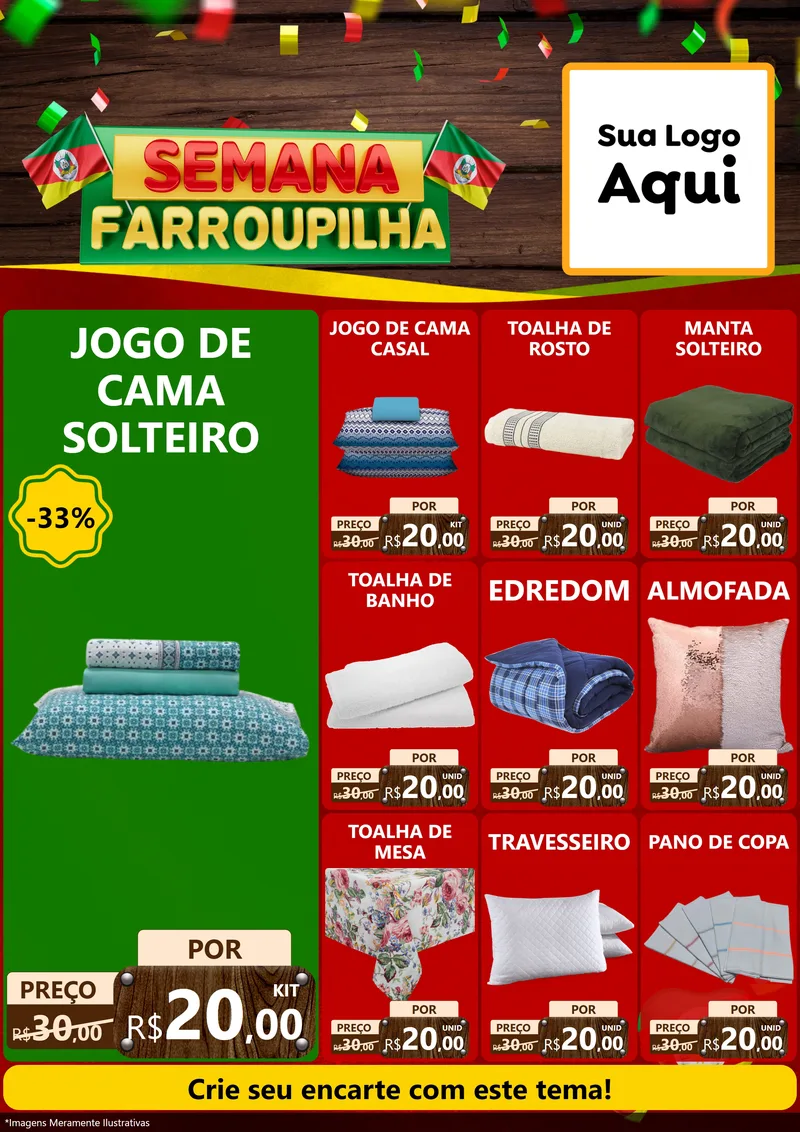 Modelo de Encarte para Encarte A4 Vertical com o tema Semana Farroupilha para Cama, Mesa e Banho