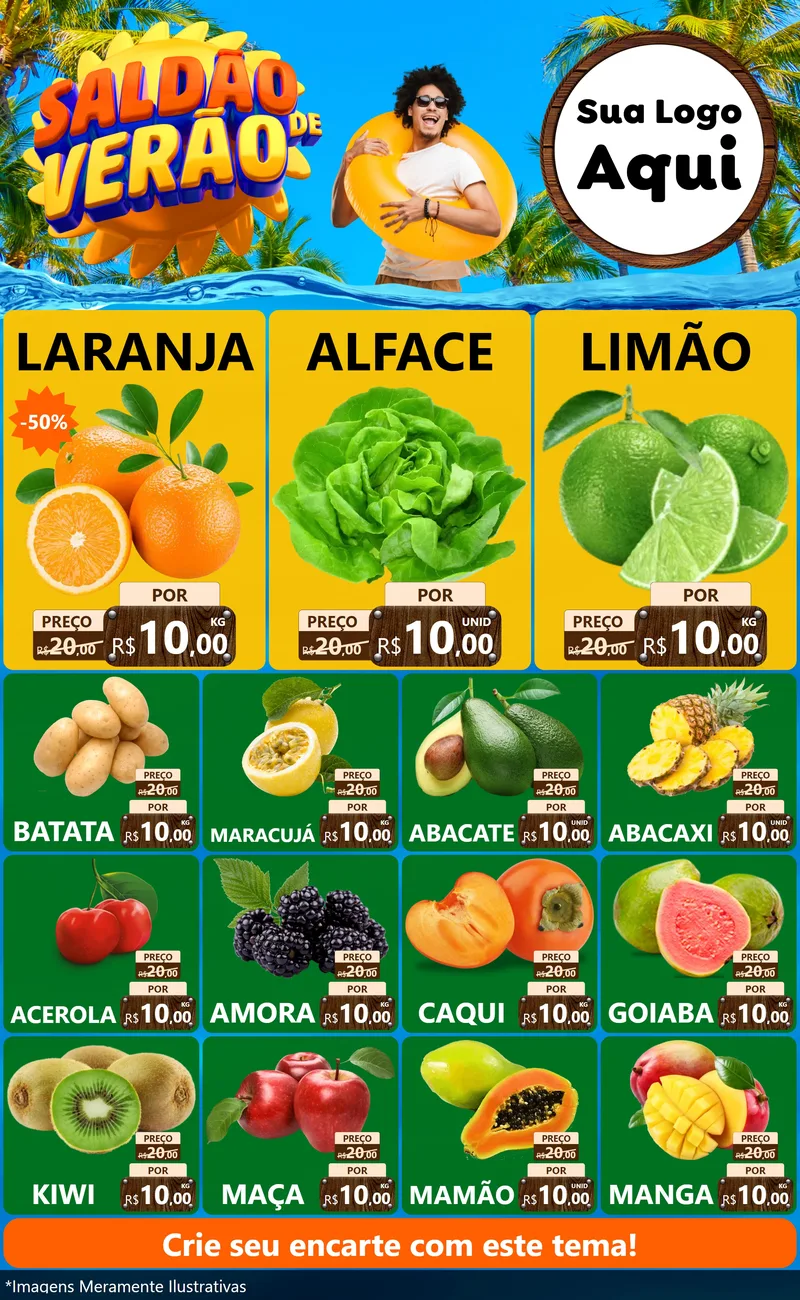 Modelo de Encarte para Encarte Grande com o tema Saldão de Verão para Hortifrúti