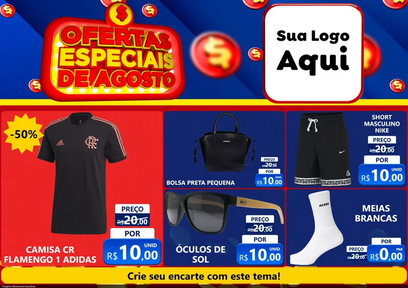 Modelo de Encarte para Encarte A4 Horizontal com o tema Ofertas Especiais de Agosto para Roupas e acessórios