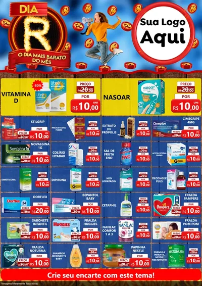 Modelo de Encarte para Encarte A4 Vertical com o tema Dia R - O Dia Mais Barato Do Mês para Farmácia
