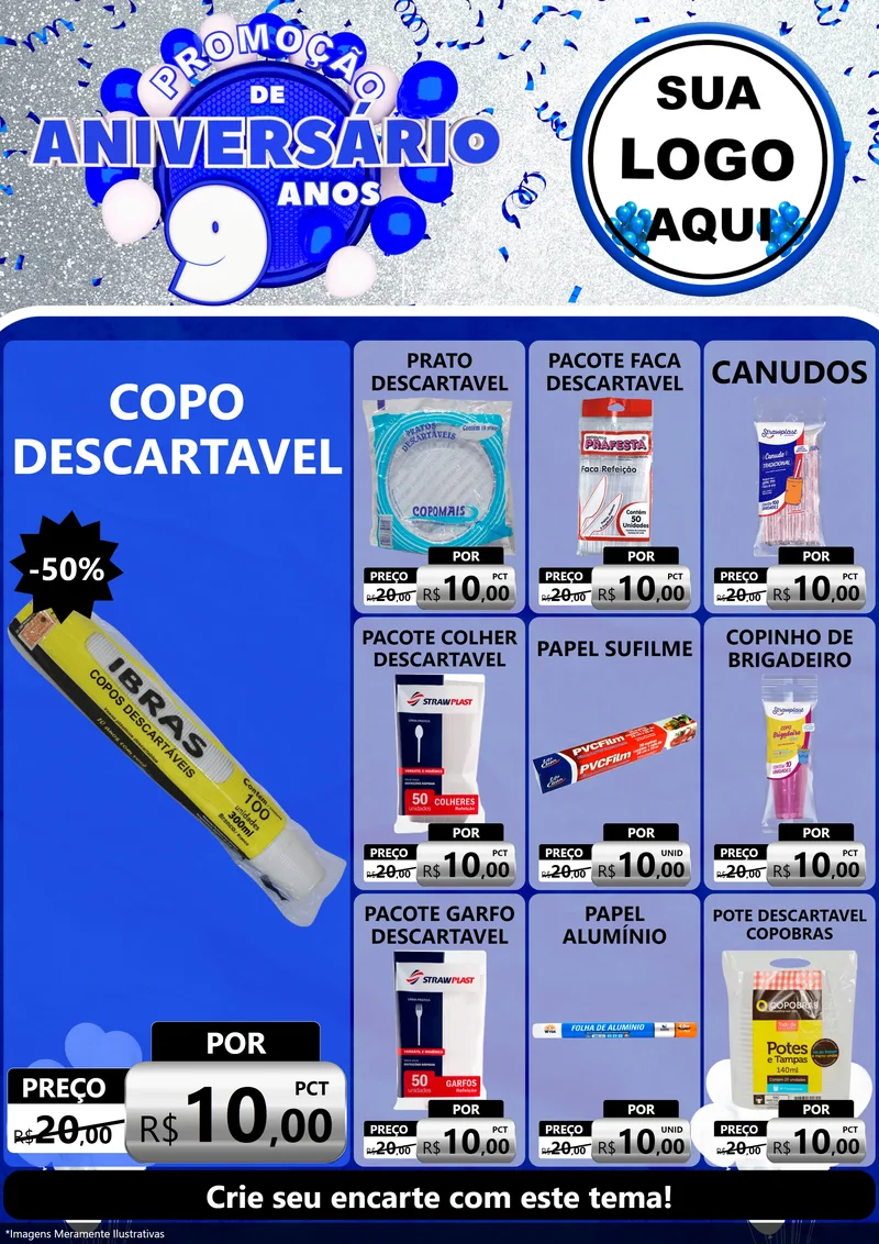Modelo de Encarte para Encarte A4 Vertical com o tema Promoção de Aniversário - 9 Anos para Embalagens