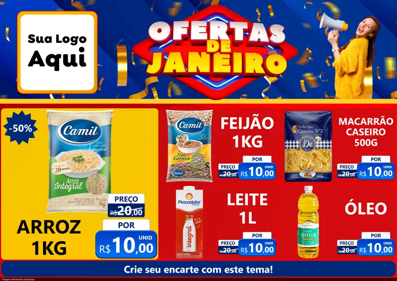 Modelo de Encarte para Encarte A4 Horizontal com o tema Ofertas de Janeiro para Supermercado