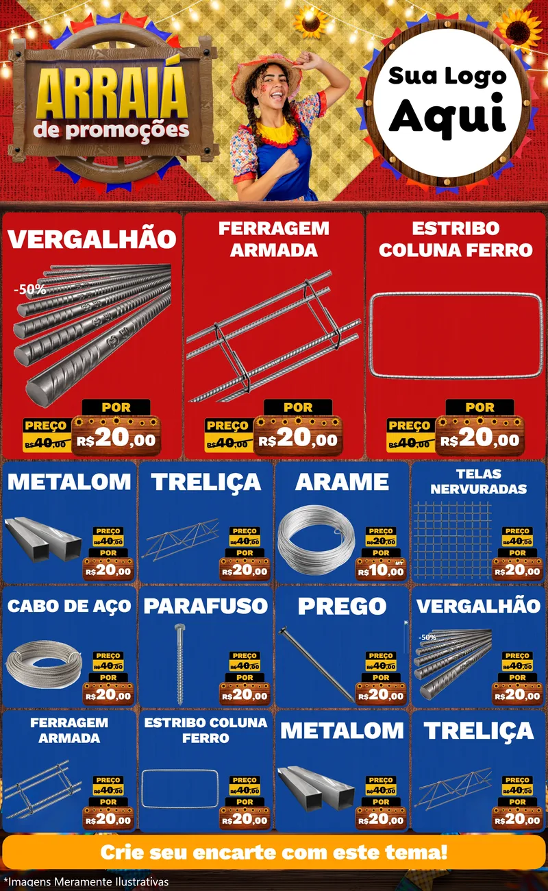 Modelo de Encarte para Encarte Grande com o tema Arraiá de Promoções para Ferragens