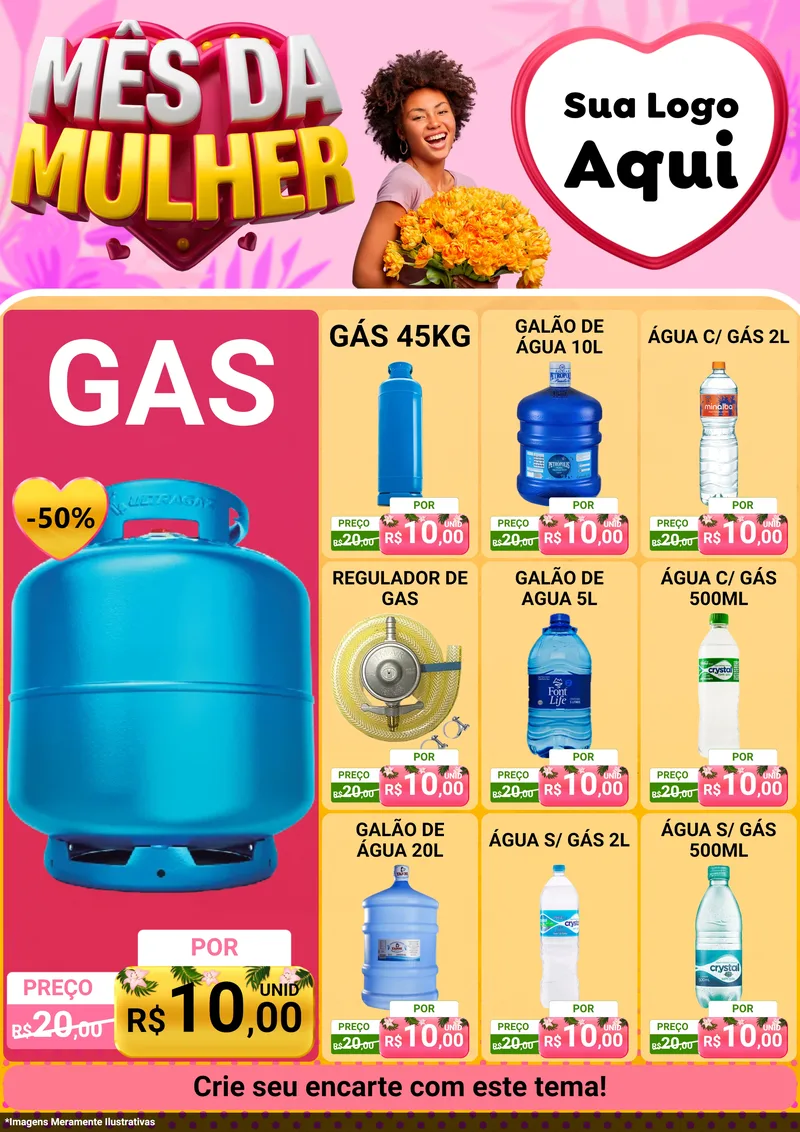 Modelo de Encarte para Encarte A4 Vertical com o tema Mês da Mulher para Água e gás