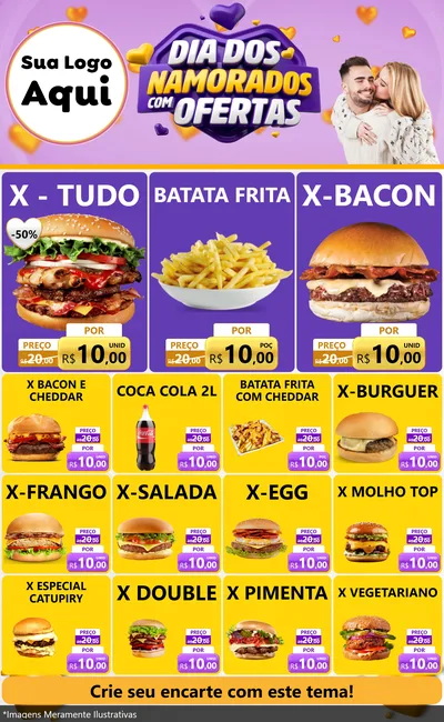 Modelo de Encarte para Encarte Grande com o tema Dia Dos Namorados Com Ofertas para Hamburgueria