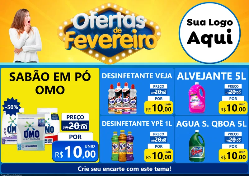 Modelo de Encarte para Encarte A4 Horizontal com o tema Ofertas de Fevereiro para Produtos de Limpeza
