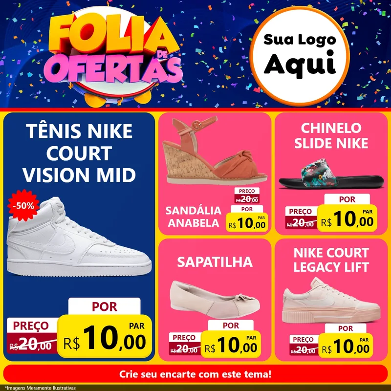 Modelo de Rede Social para Feed Facebook com o tema Folia de Ofertas para Calçados