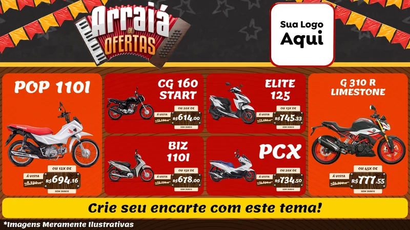 Modelo de TV para TV Horizontal com o tema Arraiá de Ofertas - Junina para Concessionaria de Motos