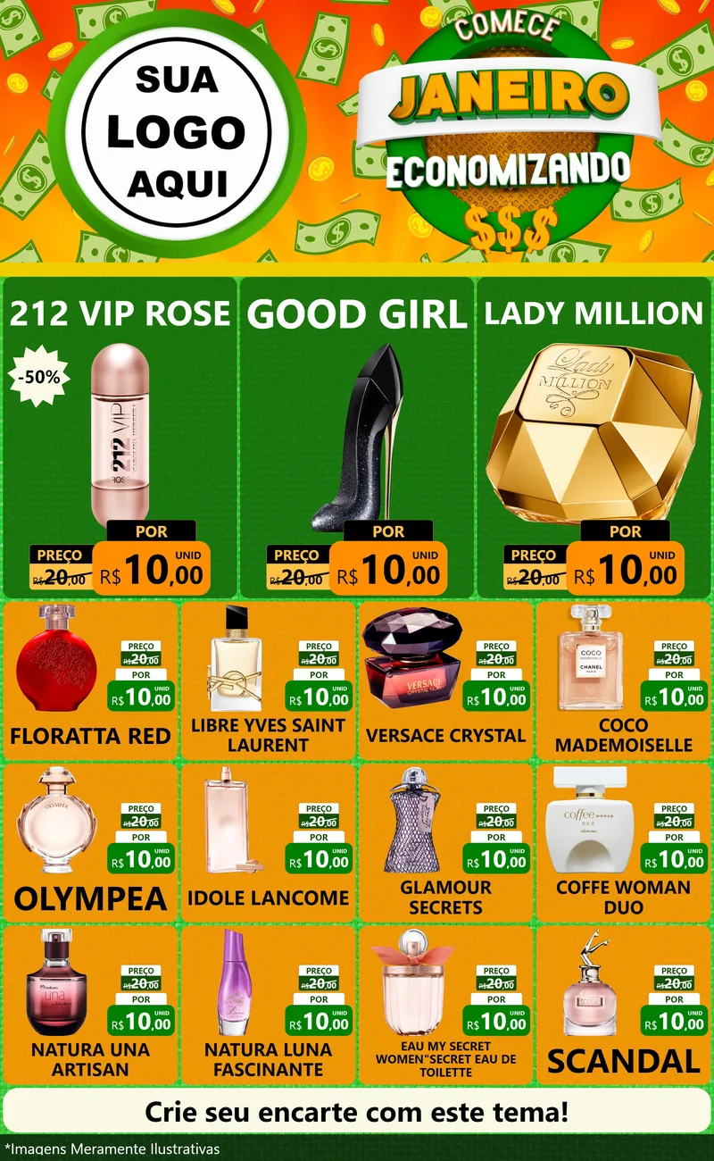 Modelo de Encarte para Encarte Grande com o tema Comece Janeiro Economizando para Perfumes