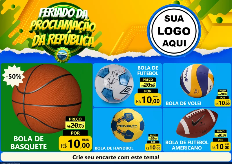 Modelo de Encarte para Encarte A4 Horizontal com o tema Feriado da Proclamação da República para Artigos Esportivos