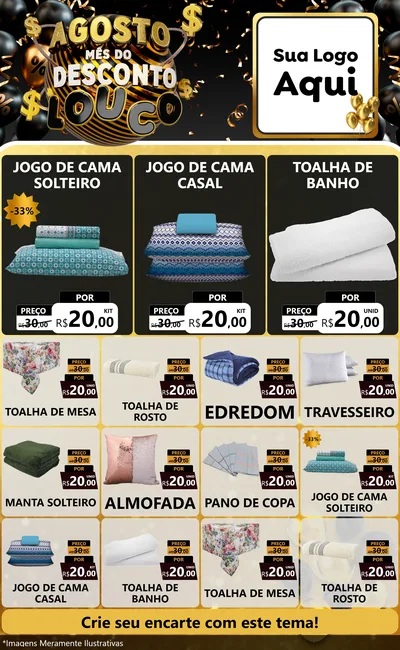 Modelo de Encarte para Encarte Grande com o tema Agosto Mês do Desconto Louco para Cama, Mesa e Banho