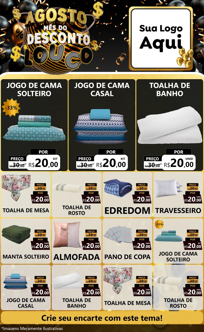Modelo de Encarte para Encarte Grande com o tema Agosto Mês do Desconto Louco para Cama, Mesa e Banho