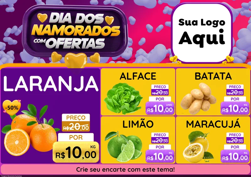 Modelo de Encarte para Encarte A4 Horizontal com o tema Dia Dos Namorados Com Ofertas para Hortifrúti
