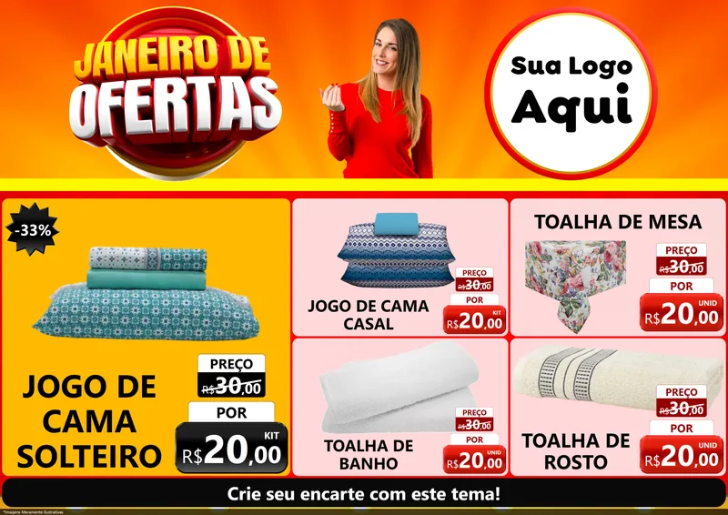 Modelo de Encarte para Encarte A4 Horizontal com o tema Janeiro de Ofertas para Cama, Mesa e Banho