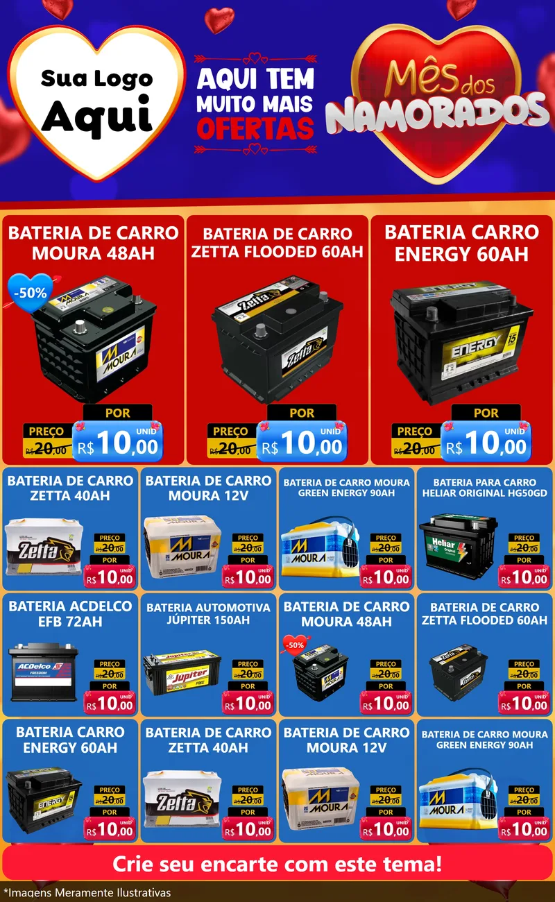 Modelo de Encarte para Encarte Grande com o tema Mês dos Namorados para Baterias Elétricas