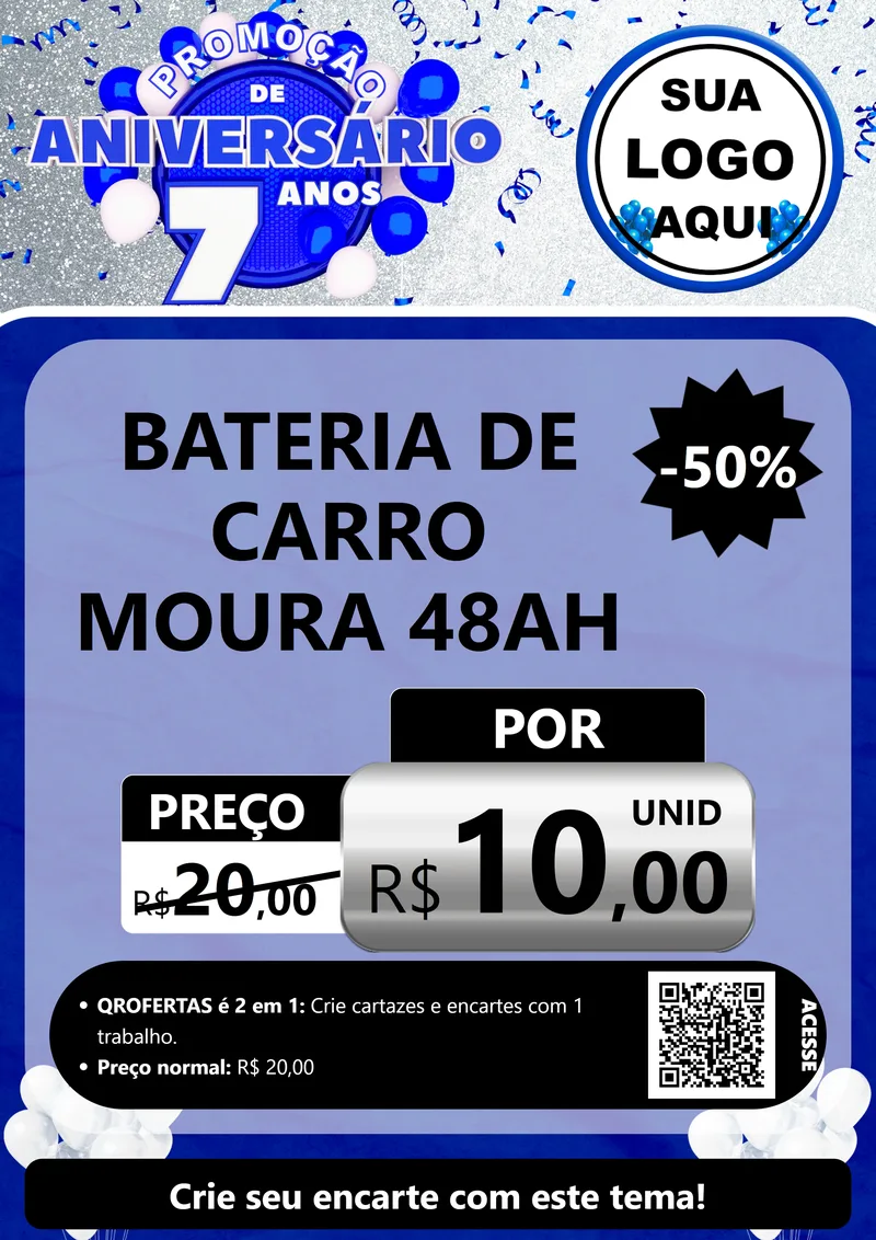 Modelo de Cartaz para Cartaz A4 Vertical com o tema Promoção de Aniversário - 7 Anos para Baterias Elétricas