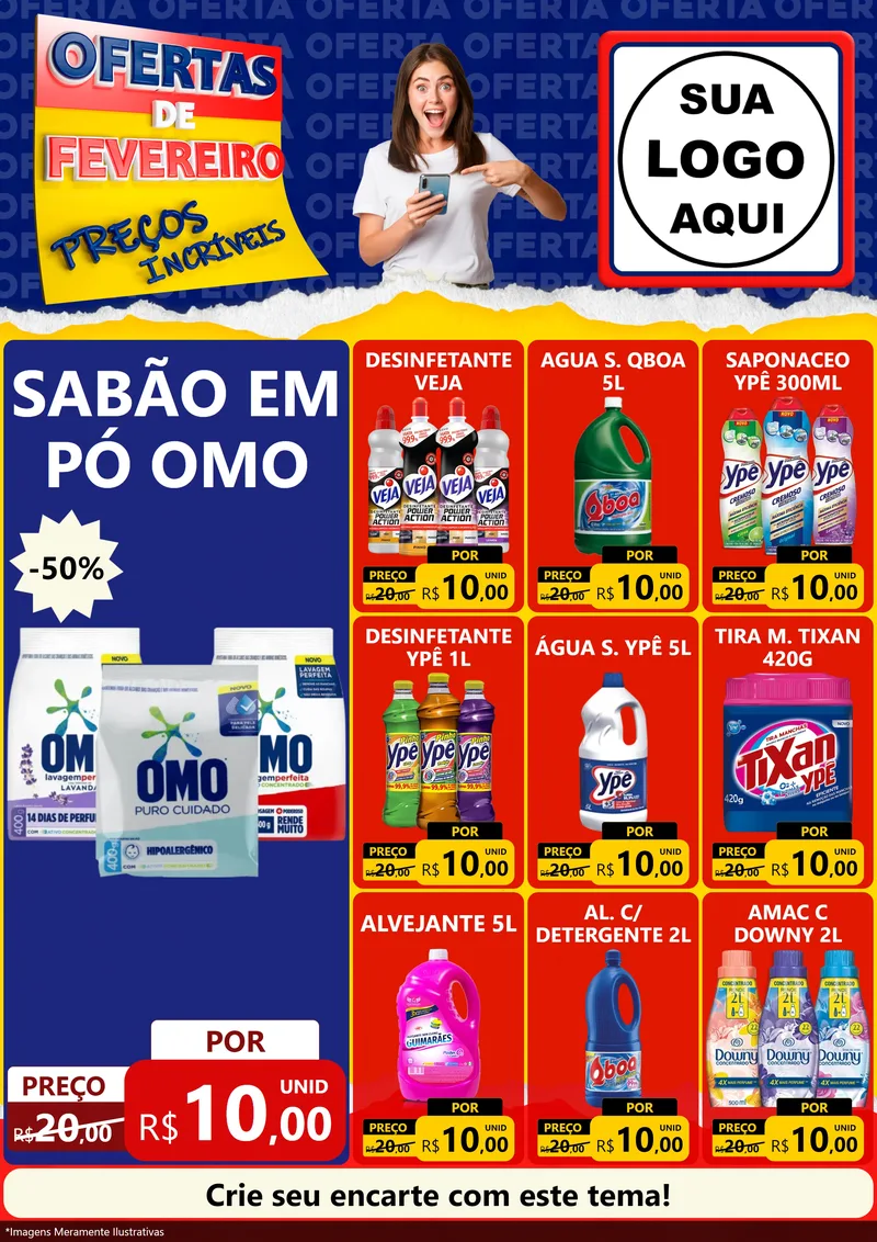 Modelo de Encarte para Encarte A4 Vertical com o tema Ofertas de Fevereiro - Preços Incríveis para Produtos de Limpeza