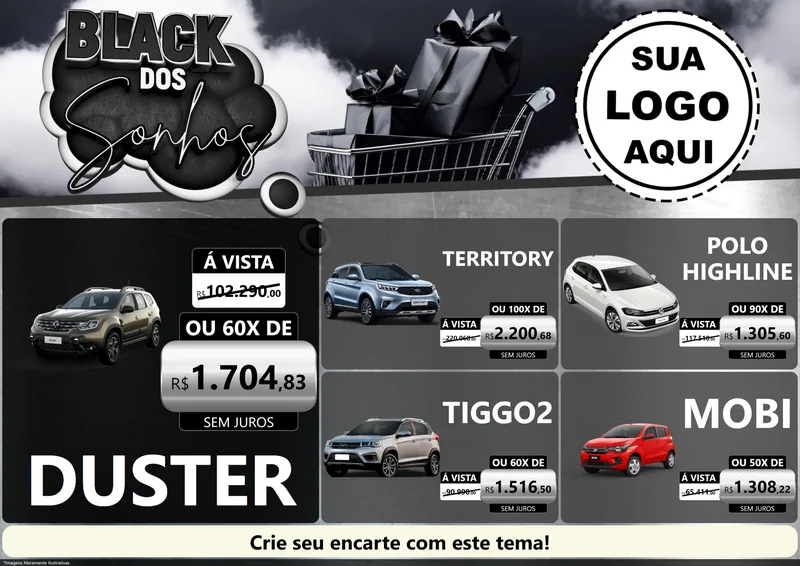 Modelo de Encarte para Encarte A4 Horizontal com o tema Black dos Sonhos para Concessionaria de Carros