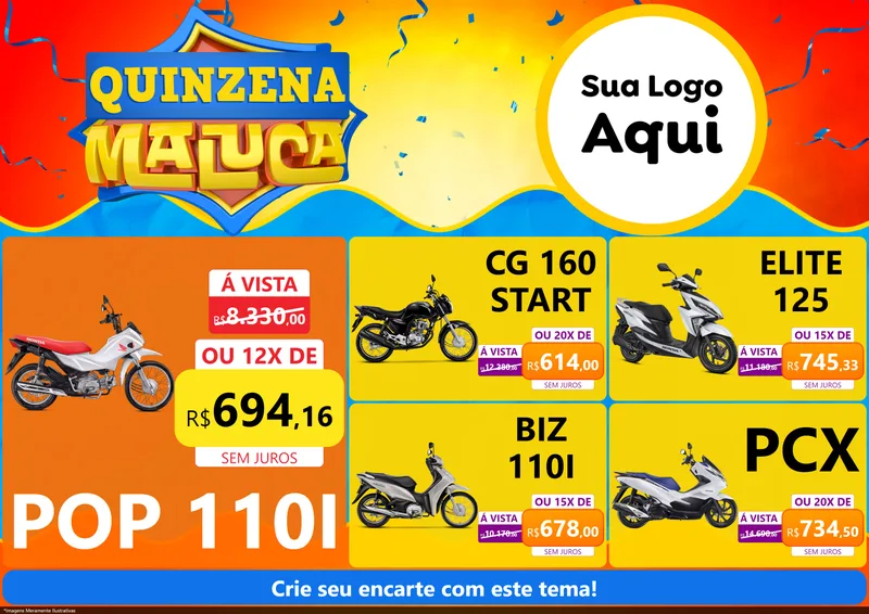 Modelo de Encarte para Encarte A4 Horizontal com o tema Quinzena Maluca para Concessionaria de Motos