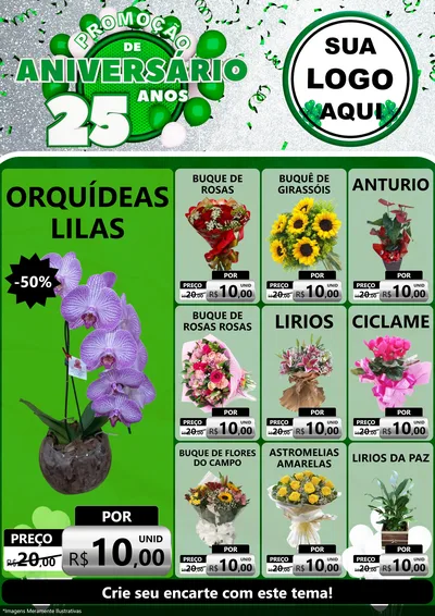 Modelo de Encarte para Encarte A4 Vertical com o tema Promoção de Aniversário - 25 Anos para Floricultura e jardim