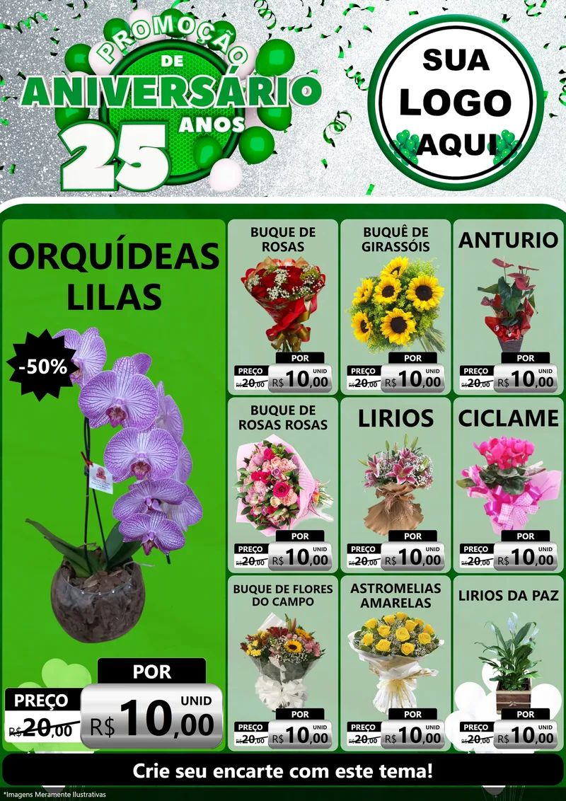 Modelo de Encarte para Encarte A4 Vertical com o tema Promoção de Aniversário - 25 Anos para Floricultura e jardim