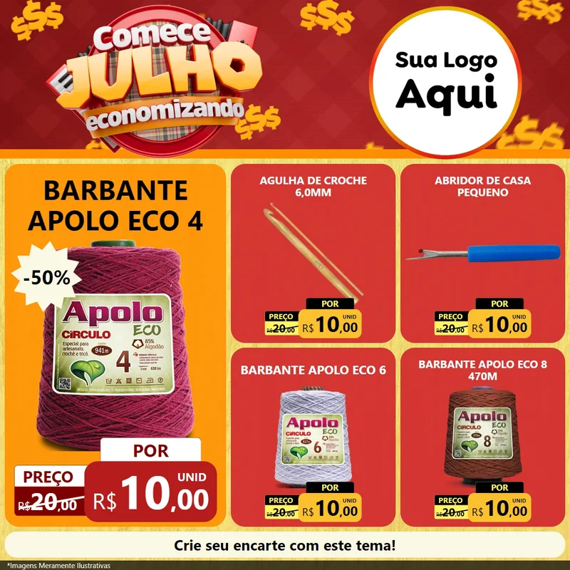 Modelo de Rede Social para Feed Facebook com o tema Comece Julho Economizando para Armarinho e Aviamentos