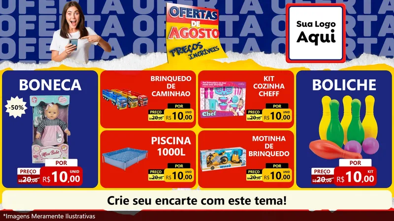 Modelo de TV para TV Horizontal com o tema Ofertas de Agosto - Preços Incríveis para Brinquedos