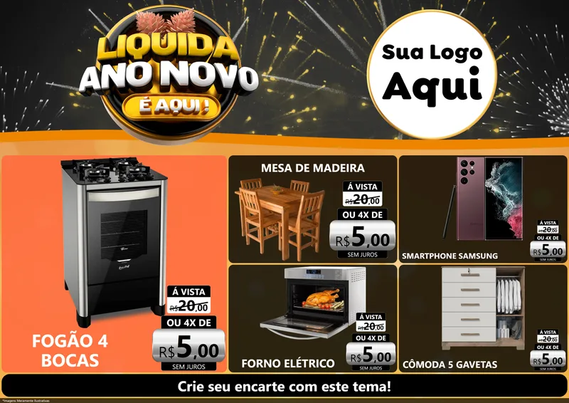 Modelo de Encarte para Encarte A4 Horizontal com o tema Liquida Ano Novo É Aqui! para Móveis e Eletro