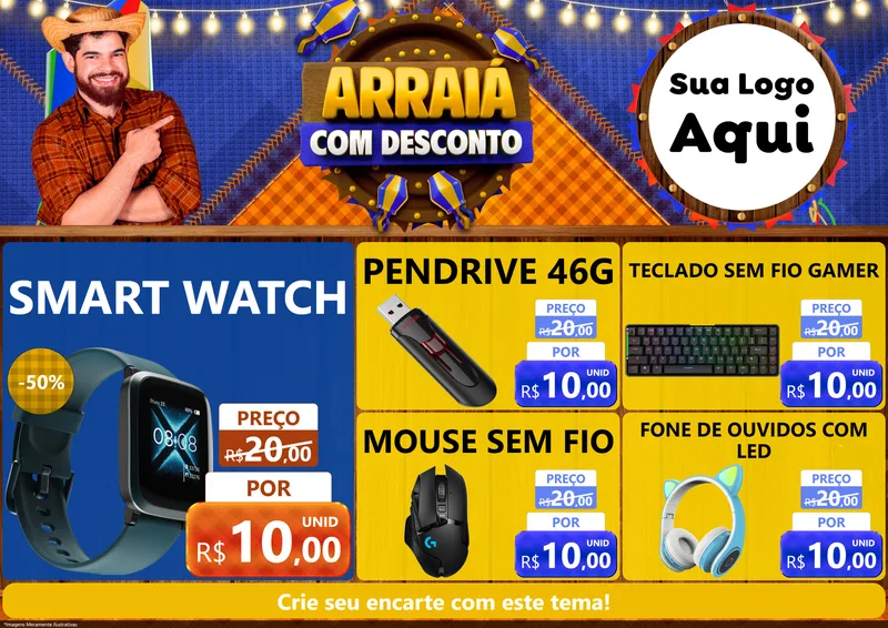 Modelo de Encarte para Encarte A4 Horizontal com o tema Arraiá Com Desconto para Informática