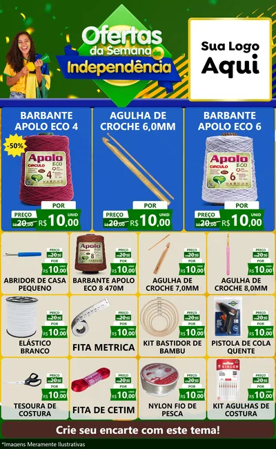 Modelo de Encarte para Encarte Grande com o tema Ofertas da Semana da Independência para Armarinho e Aviamentos