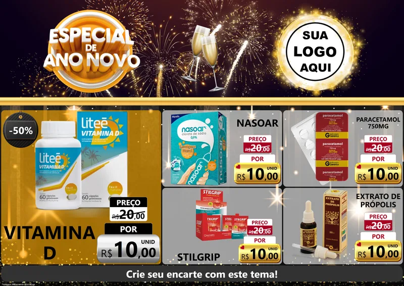 Modelo de Encarte para Encarte A4 Horizontal com o tema Especial de Ano Novo para Farmácia